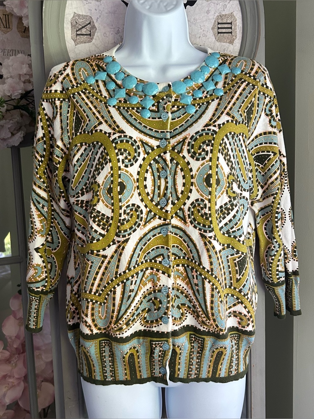 KENAR Crewneck Button Down 3/4 Sleeve Paisley Embellished Sweater Cardigan Sz L